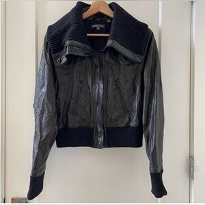 Vince Black Cropped Leather Moto Jacket dolmain sleeve